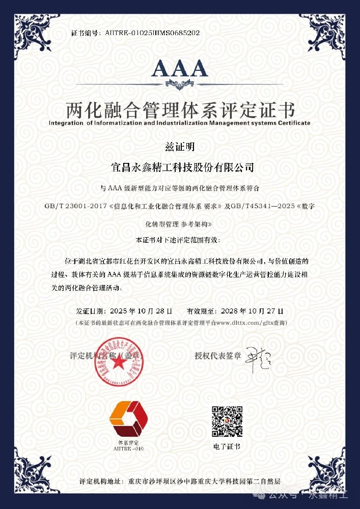 【喜報(bào)】永鑫精工成功通過國家兩化融合管理體系A(chǔ)AA級認(rèn)證